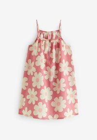 Vaaleanpunainen hihaton mekko, jossa on suuri valkoinen kukkakuvio, kauluksessa on rypytystä ja napitussuunnittelu. Kevyt kangastuntuma.