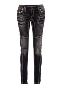 Schwarze Denim-Jeans mit kontrastierendem gelbem Nähten, tailliertem Design und strukturierten Details. Verfügt über mehrere Taschen und einen Reißverschluss.