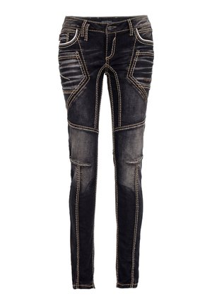 Jean en denim noir avec des coutures jaunes contrastantes, design ajusté et détails texturés. Comprend plusieurs poches et une fermeture éclair.