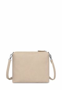 Béžová kabelka přes rameno z texturované umělé kůže s hladkým, obdélníkovým tvarem. Má odnímatelný popruh a kovové doplňky.