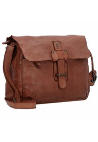 Borsa a tracolla in pelle marrone con chiusura a pattina, cinturino regolabile e logo a ancora impresso. Texture morbida e dettagli di cucitura discreti.