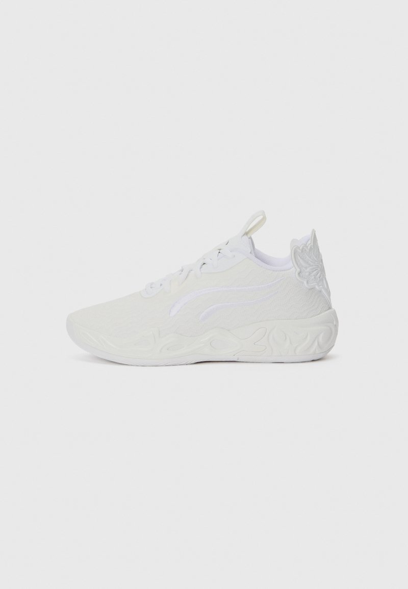 White athletic shoes with a textured upper, a dynamic sole design, and a decorative element at the heel. Lace-up closure with branding accents.