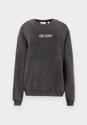 Fekete, ásványmosott pulóver bordázott mandzsettákkal és szegéllyel, kerek nyakkivágással, aranyszínű, "Off-White" hímzett logóval a mellkason.