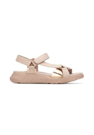 Sandalia beige de puntera abierta con correas ajustables y detalle metálico dorado en la suela acolchada, diseñada para uso casual.