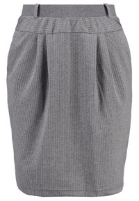 Jupe crayon grise en tissu texturé, avec des rayures verticales, une taille cintrée et un devant plissé pour plus de détails.