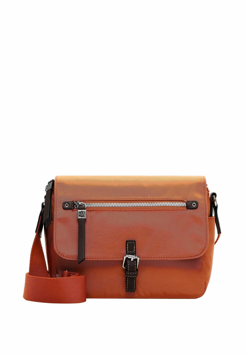 Orange messenger bag made of durable fabric, featuring a front zip pocket, adjustable strap, and brown buckle accents.