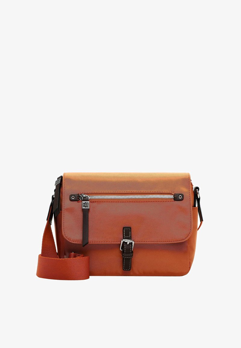 Orange messenger bag made of durable fabric, featuring a front zip pocket, adjustable strap, and brown buckle accents.