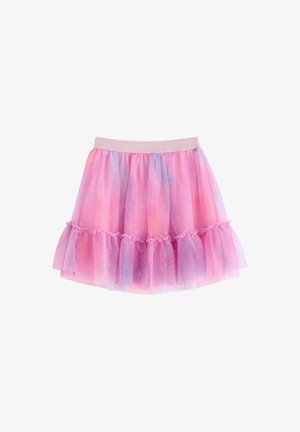 Tylleskjørt med lag i rosa og lavendel, med en myk, elastisk glitrende midje og volangdetalj nederst.