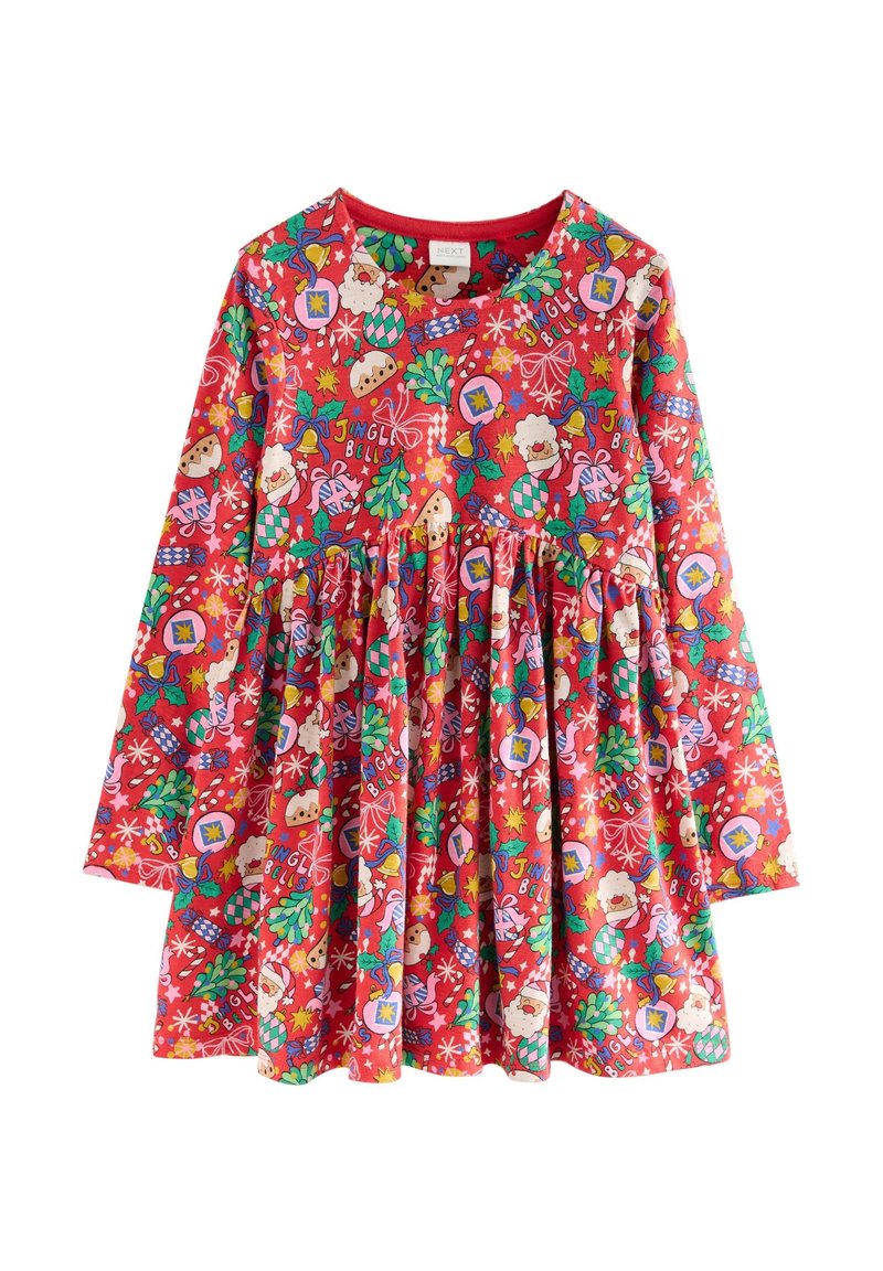 Robe rouge à manches longues pour enfants avec taille froncée, décorée de motifs de Noël colorés comprenant des visages du Père Noël, des cadeaux, du houx et le texte « Jingle Bells ».