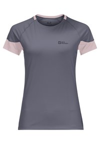 Grå kortärmad tröja med rosa accenter, gjord av andningsbart material. Har rund halsringning och en liten logotyp på framsidan.