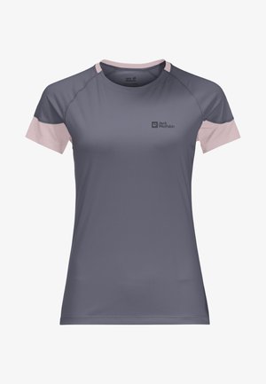 Harmaa lyhythihainen paita, jossa on vaaleanpunaisia yksityiskohtia, valmistettu hengittävästä kankaasta. Ominaisuuksiin kuuluu pyöreä kaula-aukko ja pieni logo edessä.