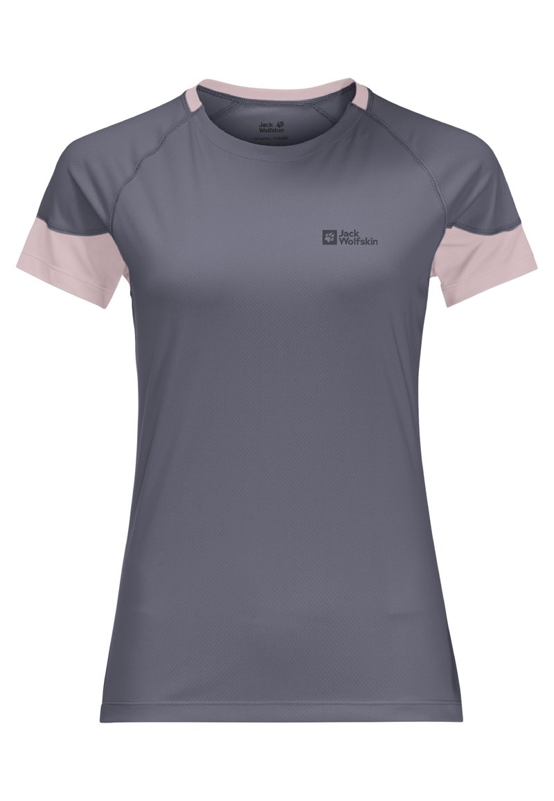 Grå kortärmad tröja med rosa accenter, gjord av andningsbart material. Har rund halsringning och en liten logotyp på framsidan.