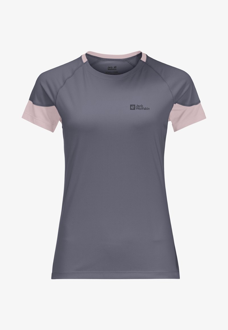 Šedá košile s krátkým rukávem a růžovými akcenty, vyrobená z prodyšného materiálu. Má kulatý výstřih a malé logo na přední straně.