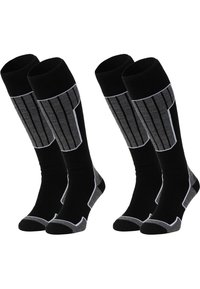 Zwarte sokken met grijze verticale strepen, versterkte teen en heel, gevoerde zool en witte stiksels. Twee paar inbegrepen.