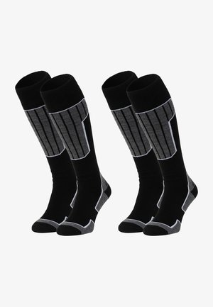 Black socks with gray vertical stripes, reinforced toe and heel, cushioned sole, and white stitching detail. Two pairs included.