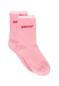 Rosa Baumwollsocken mit dem roten Aufdruck "amour". Glatte Textur, gerippte Bündchen und ein Standard-Crew-Längen-Design.