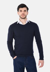 Giovane uomo con capelli scuri che indossa un maglione blu navy a V sopra una camicia bianca con colletto e jeans blu, in piedi contro uno sfondo semplice.
