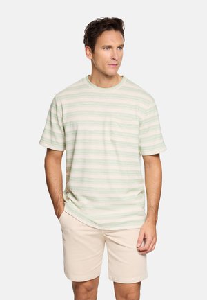 Hombre vistiendo una camiseta de manga corta con rayas crema y verde claro y pantalones cortos beige, de pie con una mano en el bolsillo.