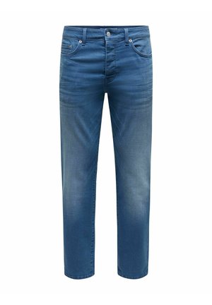 Jeans in denim blu con taglio dritto, caratterizzati da cinque tasche, chiusura a bottone e una leggera scoloritura sulle cosce. Texture liscia.