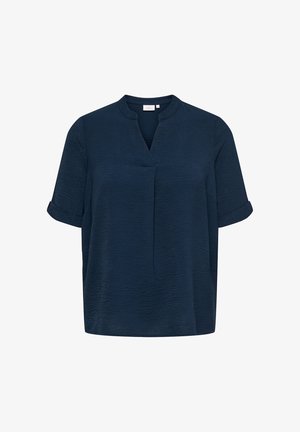 Blusa azul marino de manga corta con tejido texturizado, cuello mandarín, escote en V y puños doblados.
