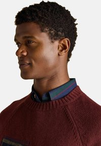 Muž s krátkymi kučeravými vlasmi má na sebe vrstvenú košeľu s modro-zeleným károvaným vzorom pod vínovým pleteným sveterom a pozerá sa doľava.