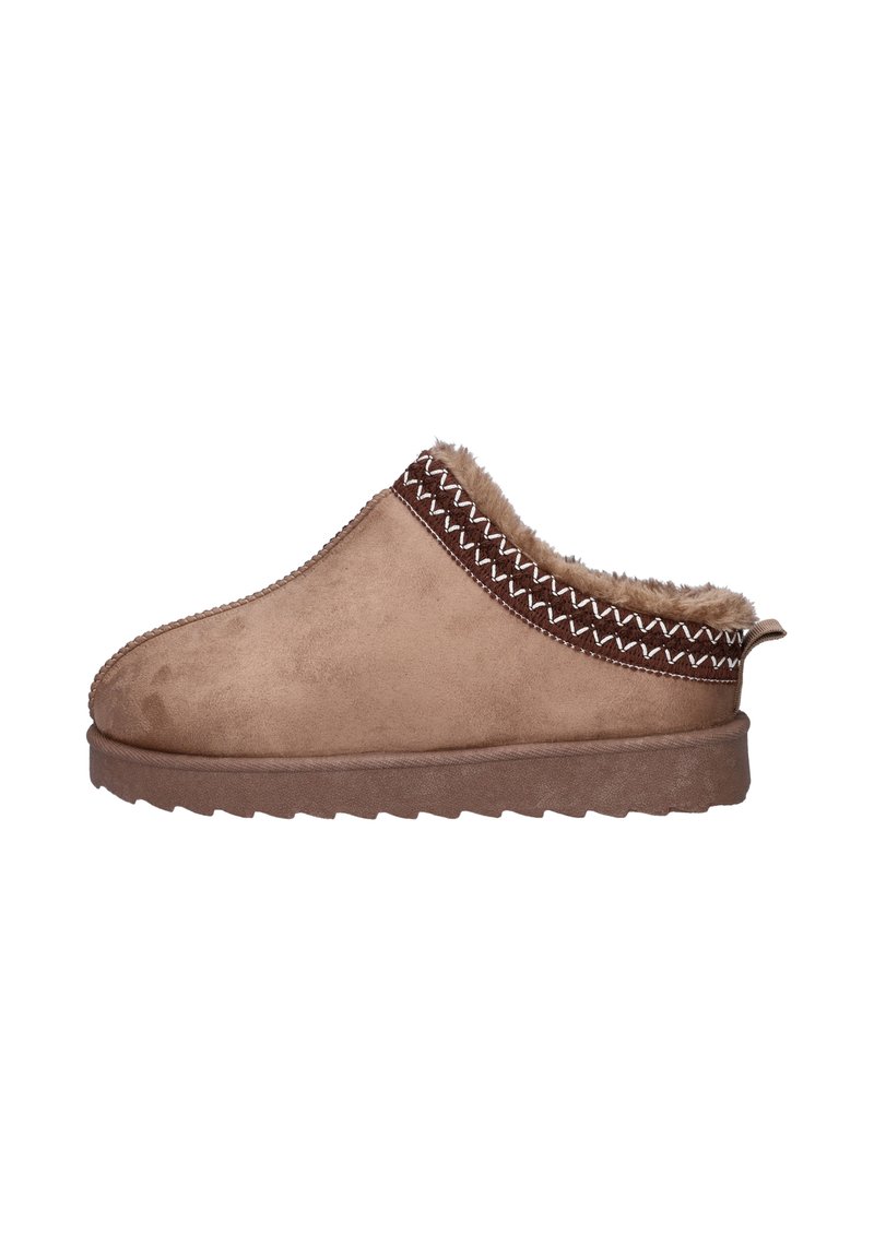 Bruine suède pantoffel met een ronde neus, een textuur van bont aan de binnenkant en decoratieve stiksels langs de kraag. Heeft een flexibele rubberen zool.