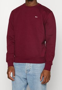 Felpa bordeaux con maniche lunghe, polsini e orlo a costine, scollo a girocollo, con un piccolo logo sul petto. Indossata con jeans azzurri.