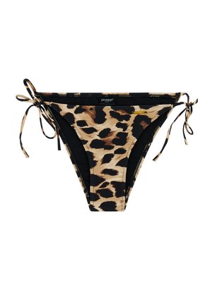 Leopardprint bikinibroekje met zwarte stoffen accenten en verstelbare zijstrikjes. Gladde textuur met contrasterende kleuren.