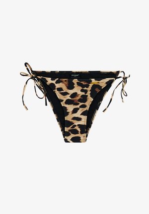 Leopardprint bikinibroekje met zwarte stoffen accenten en verstelbare zijstrikjes. Gladde textuur met contrasterende kleuren.