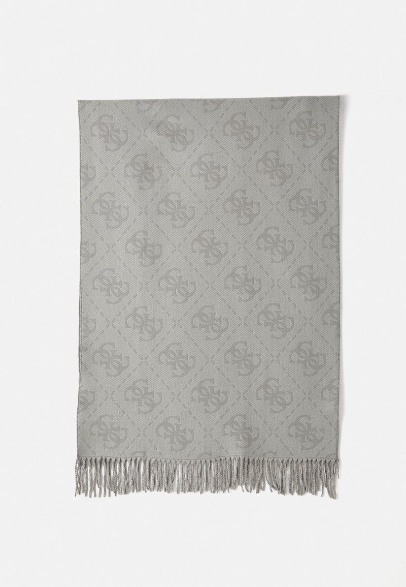 Manta tejida en gris que presenta un sutil patrón de formas entrelazadas, terminada con bordes con flecos para darle textura.