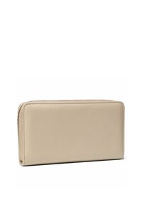 Beige leather wallet with a smooth texture, zip closure, and rectangular shape. Features rounded edges and visible stitching.