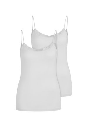 Two plain white camisoles with thin straps and lace trim at the neckline, shown against a white background.