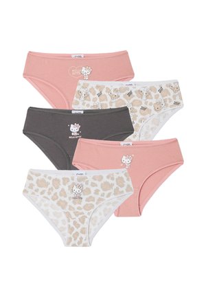 Five girls' briefs in pink, gray, and beige leopard patterns, each featuring a Hello Kitty graphic and logo on the front center.