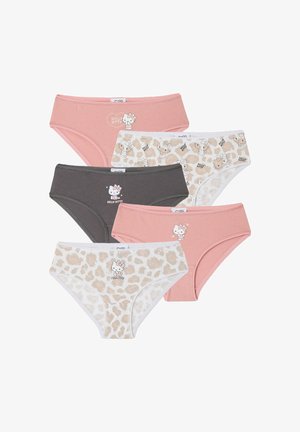 Fünf Mädchen-Slips in den Farben Pink, Grau und Beige mit Leopardenmuster, jeweils mit einer Hello-Kitty-Grafik und einem Logo in der vorderen Mitte.