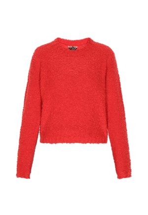 Červený, chlupatý pletený svetr s dlouhými rukávy a kulatým výstřihem; zkrácený design; měkká textura se slabě nadýchaným povrchem.