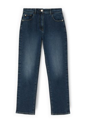 Vaqueros de mezclilla azul oscuro de pierna recta con botón delantero, cremallera y diseño de cinco bolsillos sobre un fondo blanco.