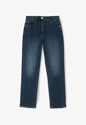 Mørkeblå denimjeans med lige ben, forrest med knap, lynlås og fem-lomme-design på hvid baggrund.