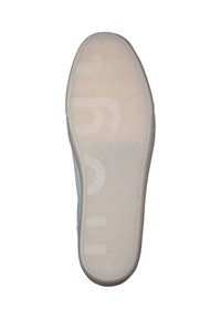 Semelle d'une sneaker en caoutchouc beige clair, texturée avec des rainures horizontales. Le dessous comprend un logo en relief.