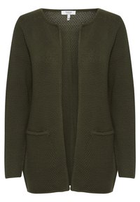 Olivově zelený pletený cardigan s texturovaným vzorem, otevřený vpředu a s dvěma předními kapsami. Dlouhé rukávy a kulatý výstřih.