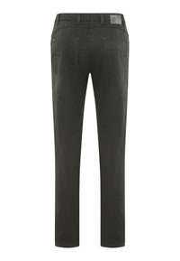 Pantaloni grigio scuro con vestibilità slim, realizzati in tessuto misto cotone. Presentano due tasche posteriori e un piccolo dettaglio a motivi sulla cintura.