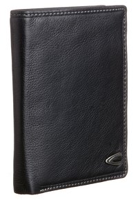 Black leather wallet with a textured finish, featuring contrasting stitching along the edges and a small silver logo accent.