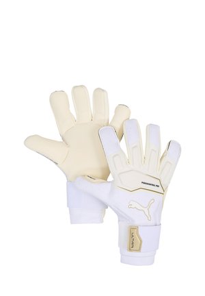 Paar weiße und beige Torwarthandschuhe mit Handgelenkriemen, Puma-Logo und "PunchControl Pro" Text auf dem Handrücken.