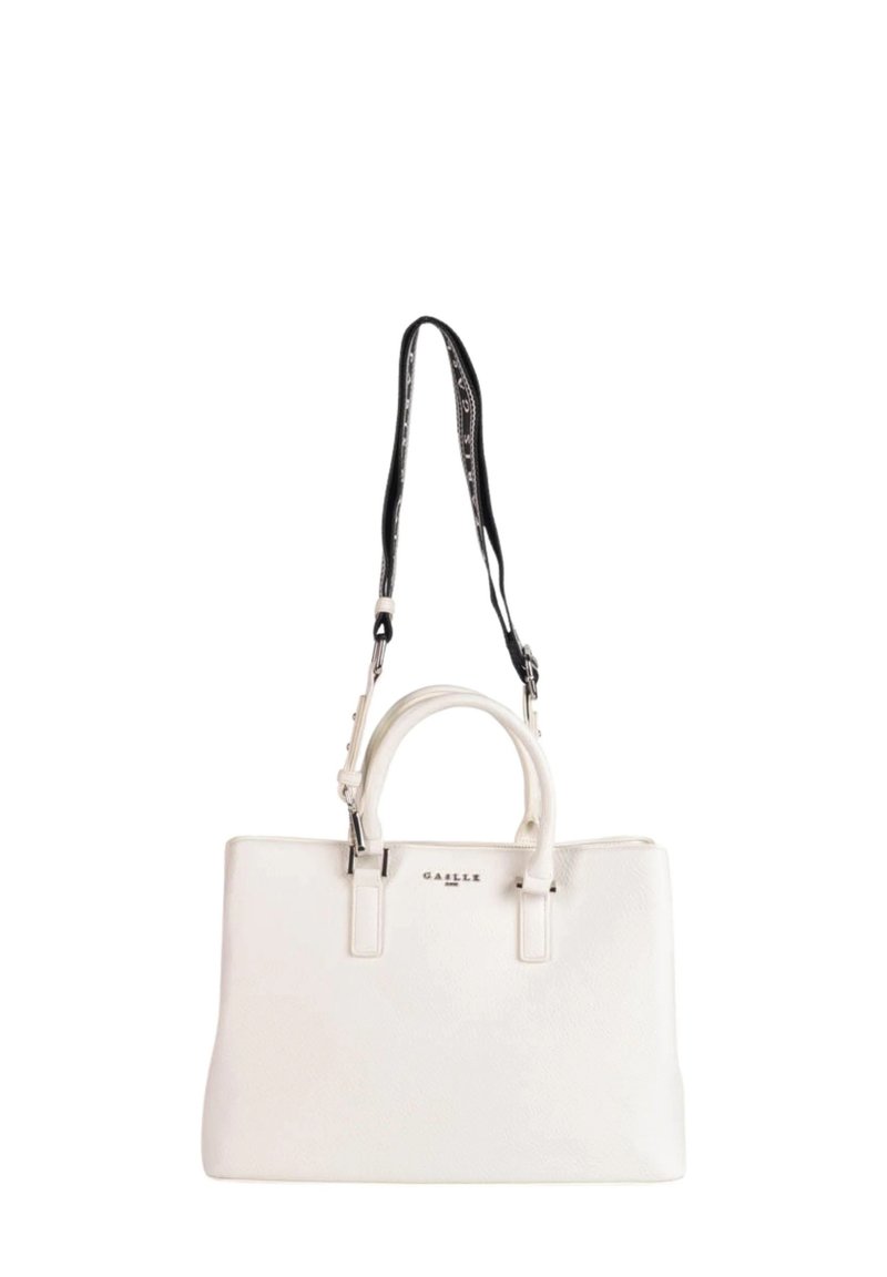 Borsa in pelle bianca dalla forma strutturata, con doppio manico superiore e una tracolla nera staccabile con un accento decorativo. Dettaglio logo in argento.