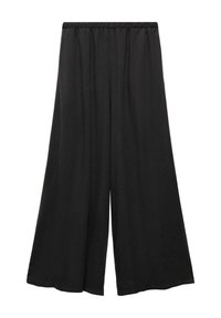 Pantaloni negri cu picioare largi dintr-un material ușor. Au un brâu elastic, o croială lejeră și o textură netedă, fără modele vizibile.
