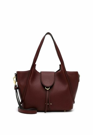 Borsa a mano in pelle marrone scuro strutturata con doppi manici superiori, chiusura a patta con dettaglio ad anello dorato e tracolla staccabile.