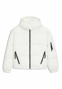 Vit pufferjacka med huva, med svarta dragkedjor och två sidofickor. Tillverkad av slät, quiltad material med en boxig form.
