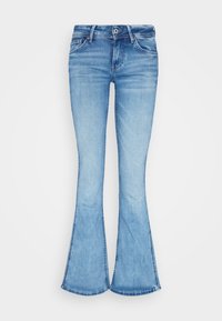 Ljust blå denimjeans med utsvängd ben, knäppning och dragkedja, fram- och bakfickor samt urvattnad detaljer.