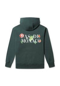 Zelená mikina s kapucňou s nápisom "PAS DE MONACO" v bielej farbe, doplnená květinovými grafikami v ružovej a zelenej na zadnej strane. Mäkko, bavlnený materiál.