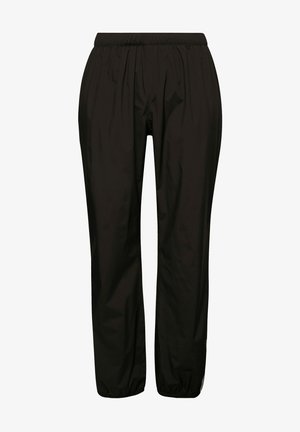 Pantaloni da corsa neri, leggeri, con vita elasticizzata, gamba dritta e una finitura leggermente lucida. Presentano un design minimalista senza pattern o dettagli visibili.
