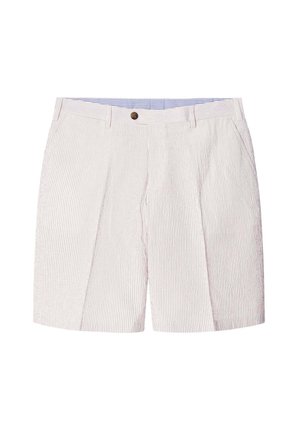 Pantalones cortos de hombre con pliegues en tela ligera con rayas rojas y blancas. Incluyen un cierre de botón, pasadores para cinturón y bolsillos laterales.